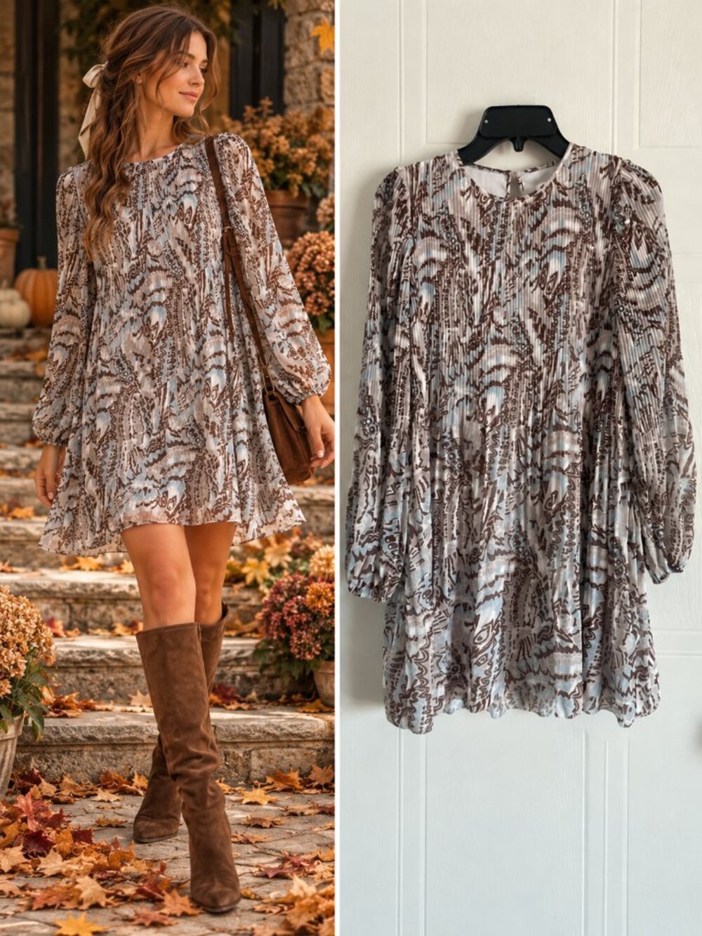 Aritzia Wilfred Brown Blue Butterfly Print Pleated Mini Dress Fairycore XXS